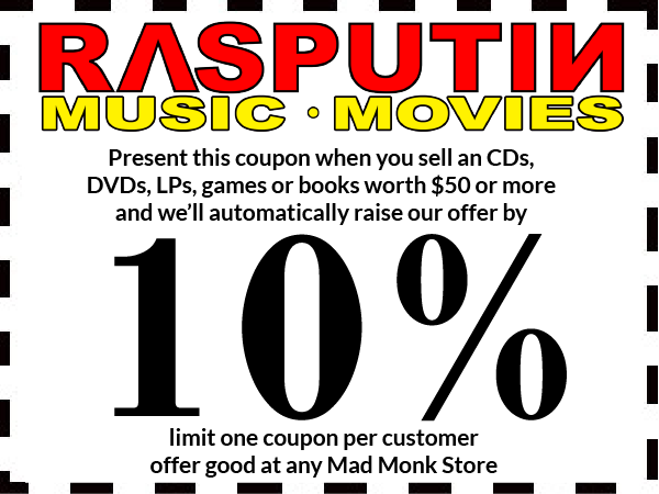 rasputin coupon for 10% off when you sell $50 worth of cds dvds games or books